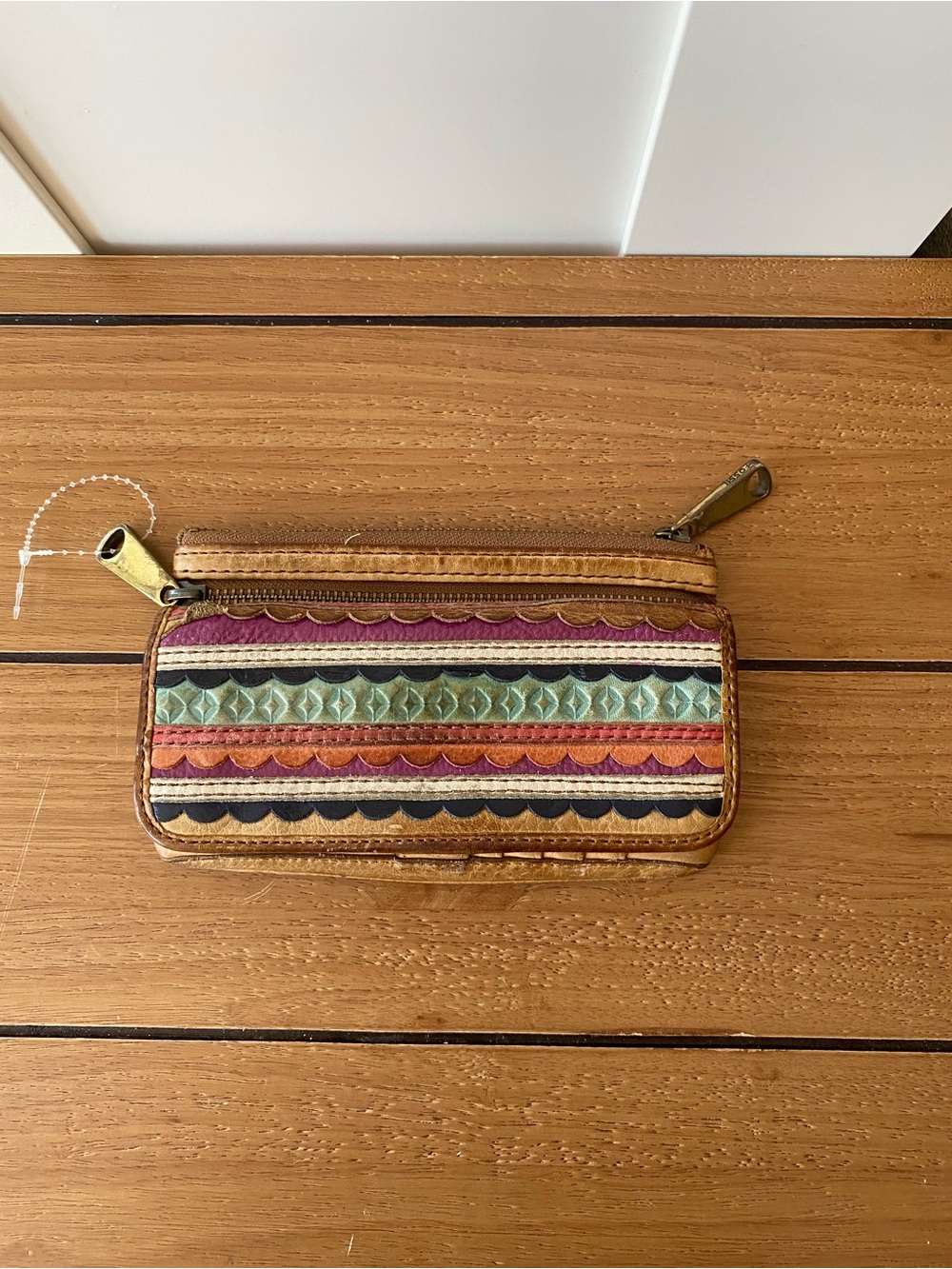 Fossil VINTAGE Leather Zip Wallet Multicolor Patchwork Boho Slim Clutch